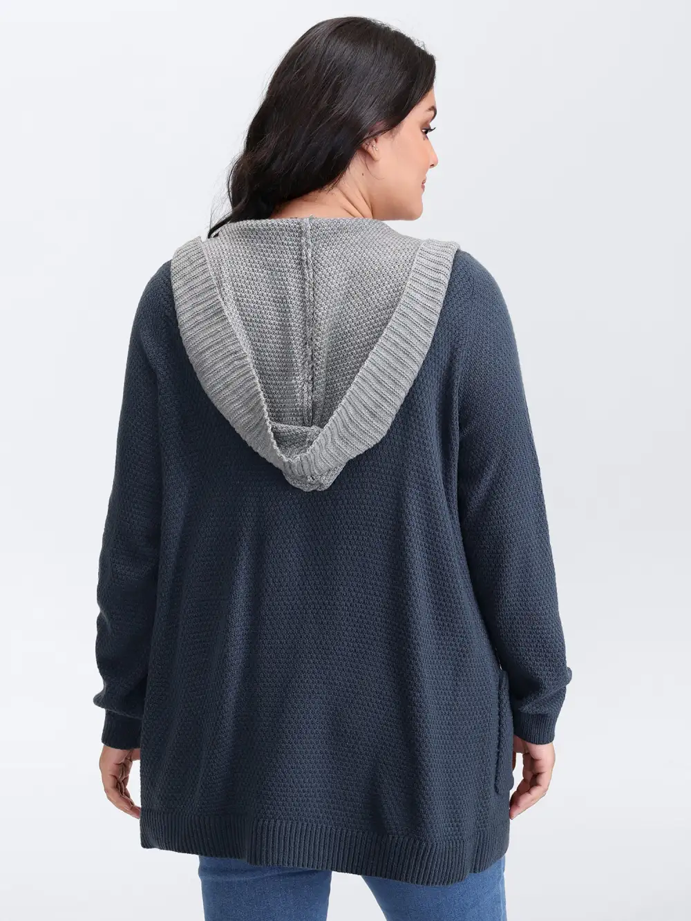 Textured Color Contrast Hooded Pocket Knit Cardigan