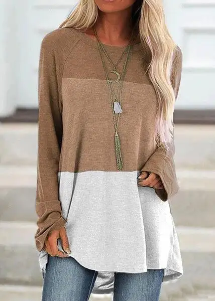Casual Round Collar Color Block Long Sleeve Tops