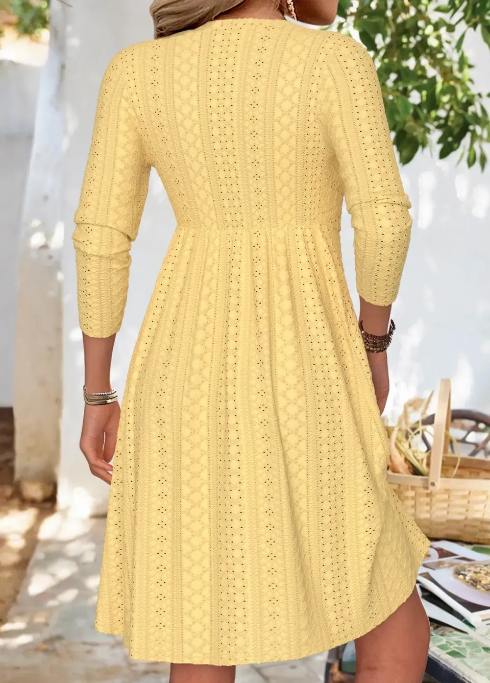 Light Yellow Long Sleeve V Neck Dress