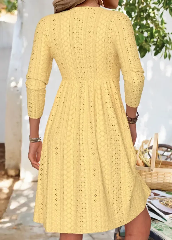 Light Yellow Long Sleeve V Neck Dress