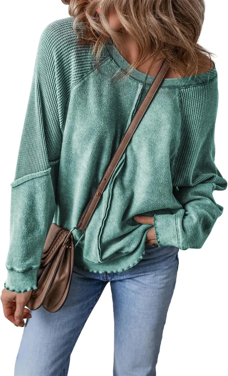 ✨Womens Crewneck Long Sleeve Waffle Knit Sweatshirt
