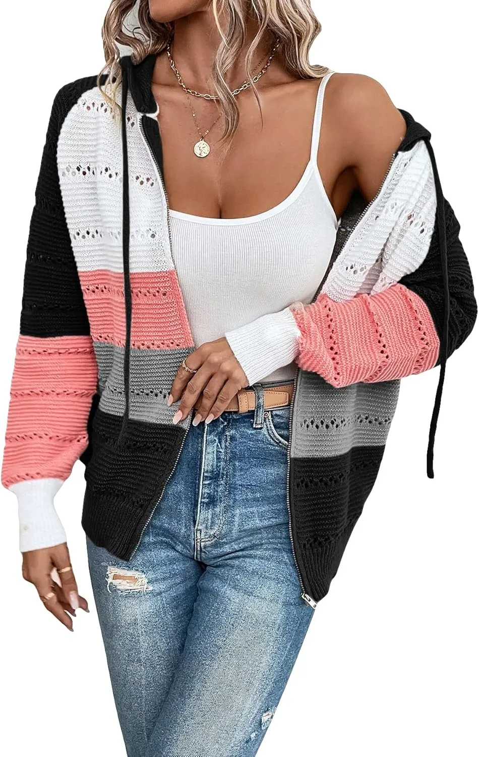 Women's Colorblock Zip Up Hoodie Jacket Long Sleeve Drawstring Hooded Cardigan Coat