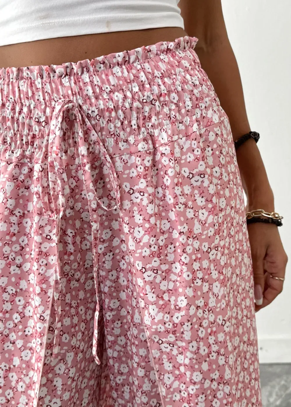 Pink Ditsy Floral Print Wide Leg Elastic Waist Pants