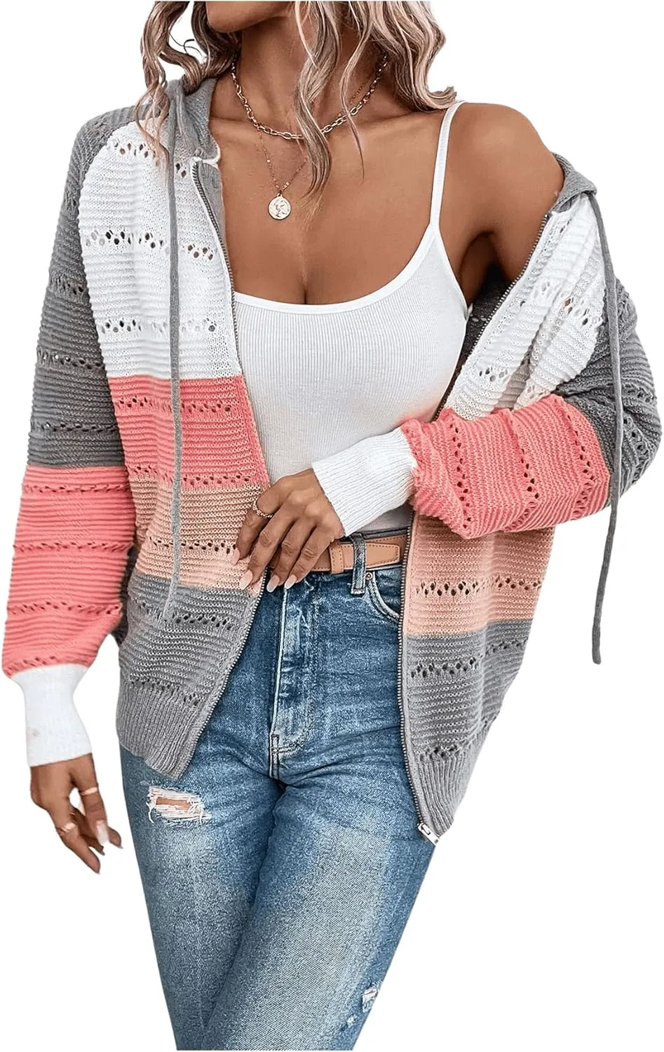 Women's Colorblock Zip Up Hoodie Jacket Long Sleeve Drawstring Hooded Cardigan Coat