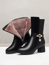 Women's Black Faux Leather Fur-Lined Mid-Calf Winter Boots with Star Charm and Block Heels – Elegant and Warm Footwear for Cold Weather