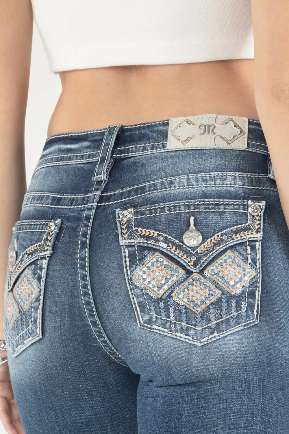 Blue and Tan Geometric Floral  Bootcut Jeans