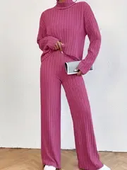 Two-Piece Outfit Set - Soft Solid Ribbed Fabric, Flattering Mock Neck T-shirt, Flowy Wide Leg Pants for Casual Everyday Wear