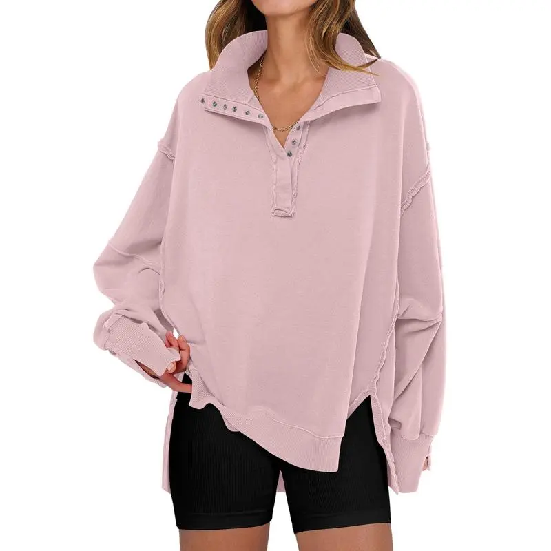 Women's Sweatshirts Oversized Casual Loose Button Up Henley Pullover Top High Low Split Fall Fashion Outfits