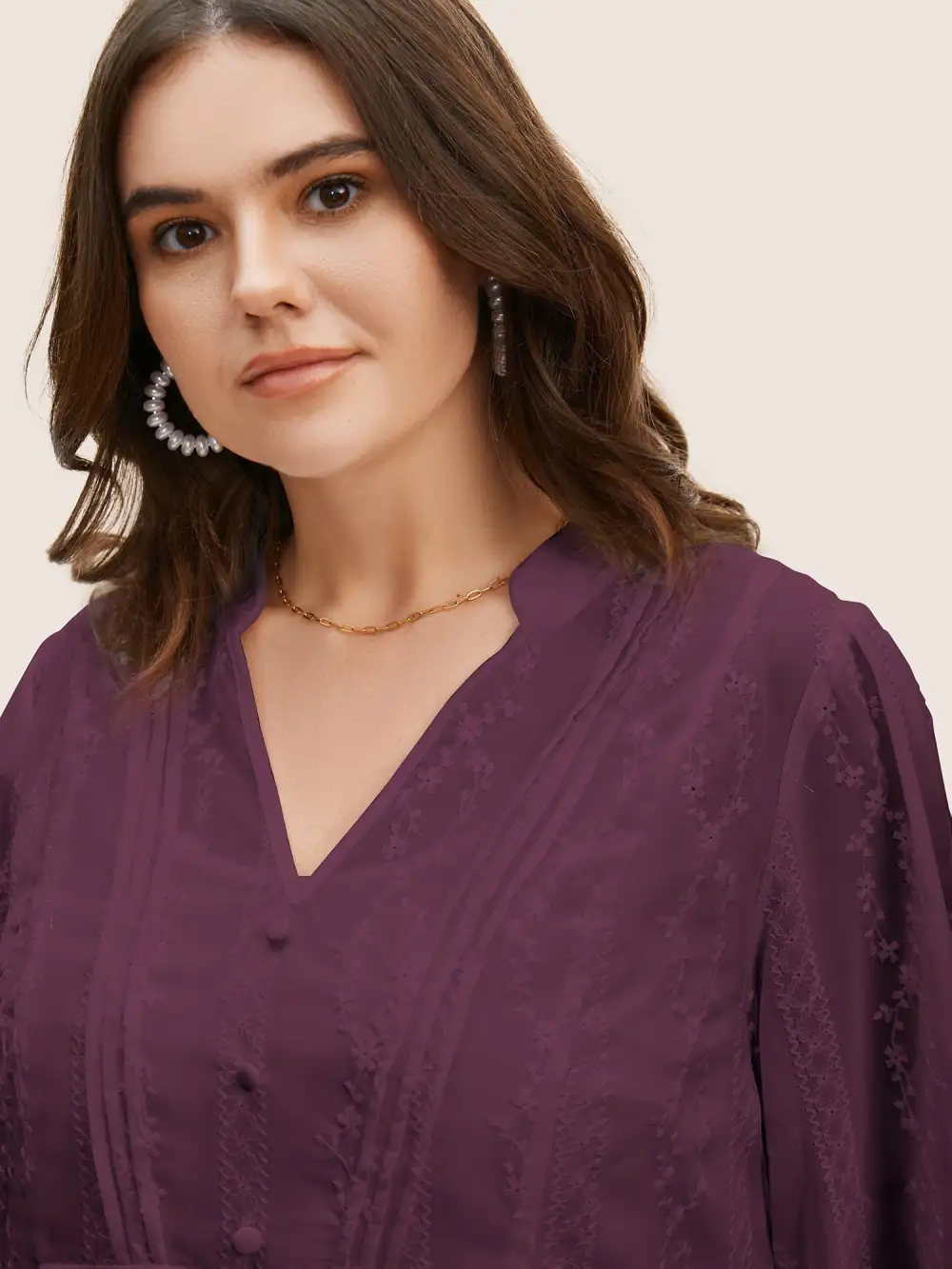 Texture Mesh Button Detail Tucked Seam Blouse