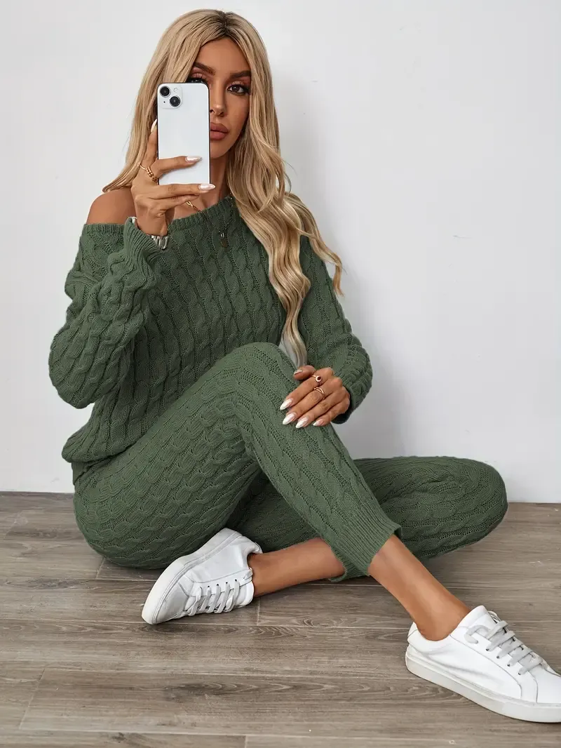 Solid Knitted Matching Two-piece Set, Casual Long Sleeve Sweater & Pants Outfits, Women's Clothing