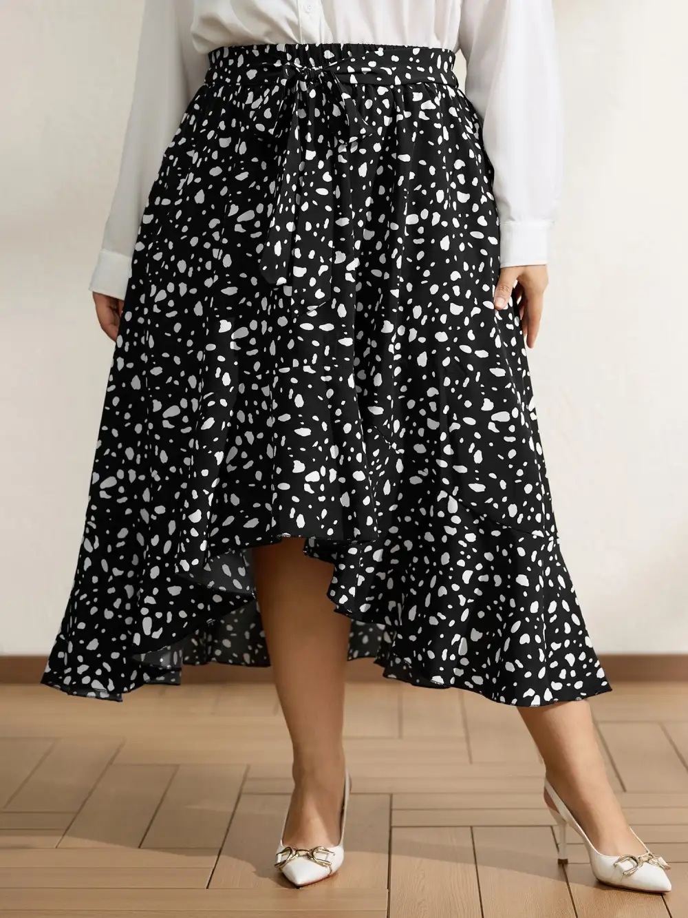 Polka Dots High Low Hem Midi Skirt
