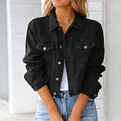 Women's Denim Jacket Comfortable Pocket Buttons Elegant Fashion Outdoor Plain Going out Casual Daily Weekend Cardigan Regular Lapel Regular Fit Long Sleeve Outerwear Black White Yellow Spring Fall