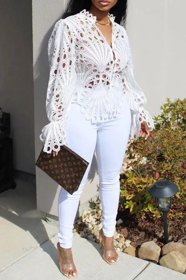 Lace Deep V Sweet Cutout Blouse