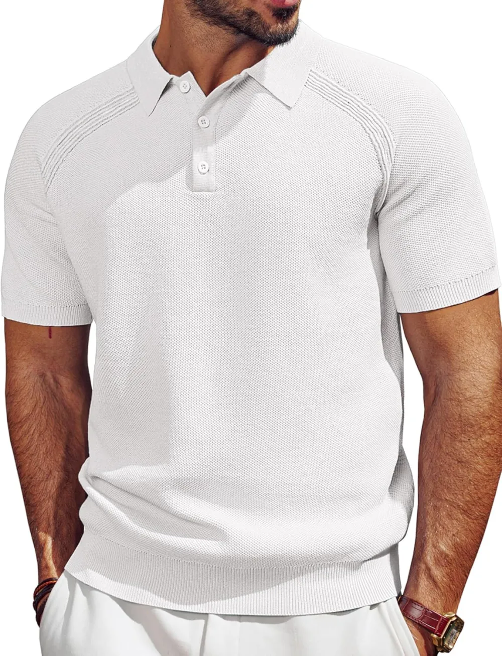 Men's Polo Shirt Short Sleeve Textured Knit Button Shirts Raglan Sleeve Casual Golf Shirt