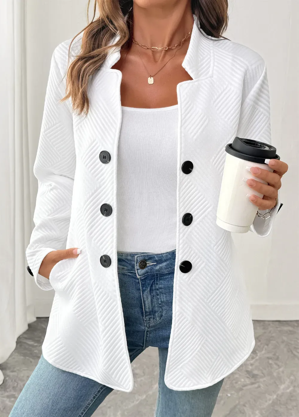 White Double Side Pockets Long Sleeve Coat