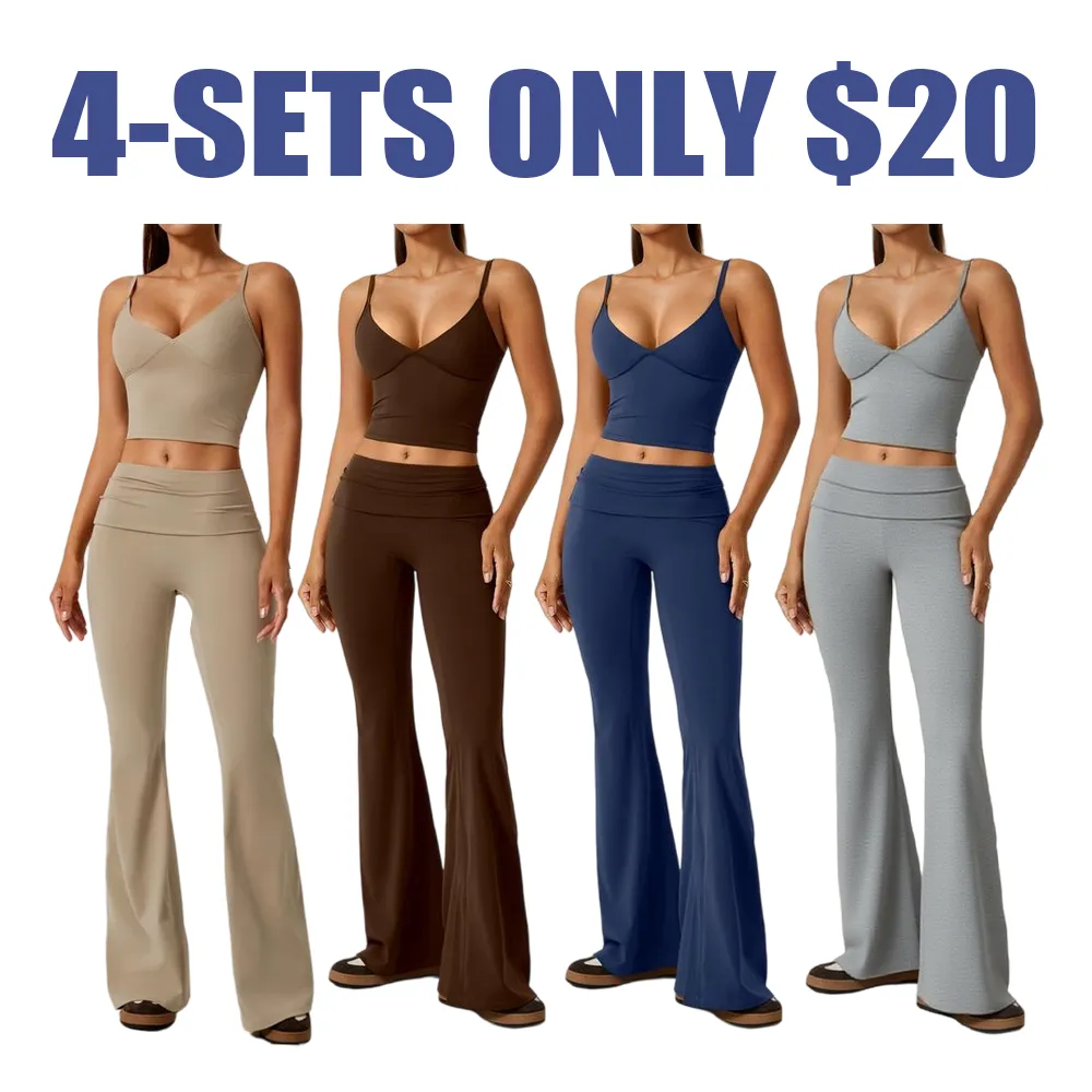 Women's 2-Piece Deep V Crop Cami & Flared Pants Set: Back Hollow-Out, Butt-Lifting, for Yoga/Gym, Athletic Activewear