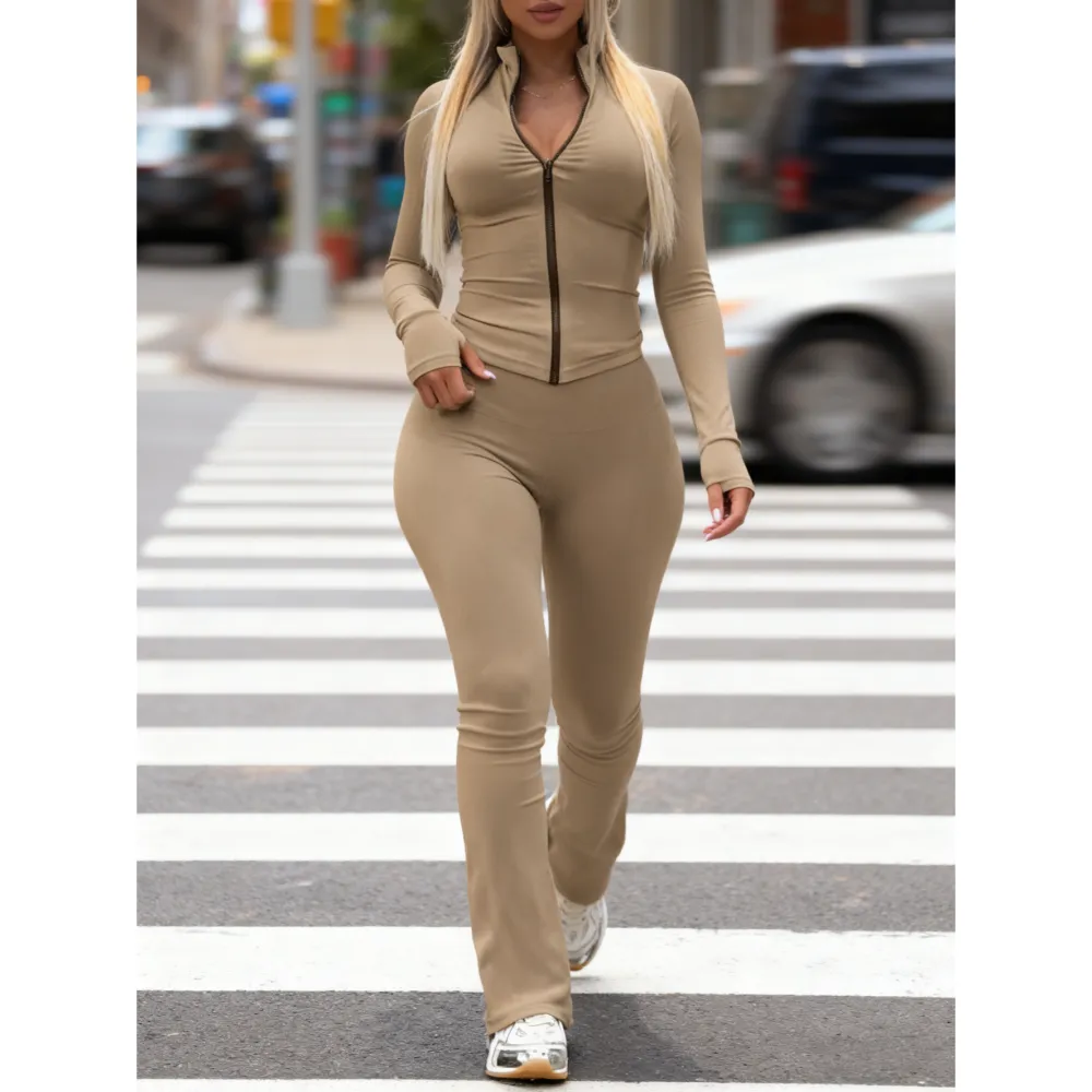 Two-piece Set Women's Solid Zip Up Crop Top & High Waist Skinny Pants