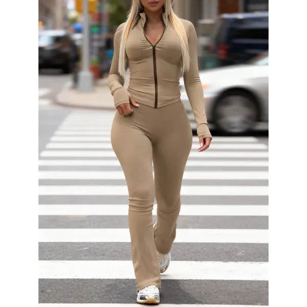Two-piece Set Women's Solid Zip Up Crop Top & High Waist Skinny Pants
