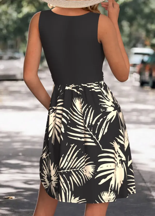 Black Leaf Print Short Sleeveless Round Neck Dress