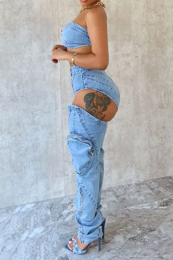 Washed Denim Strapless Cutout Seamed Detail Pant Set