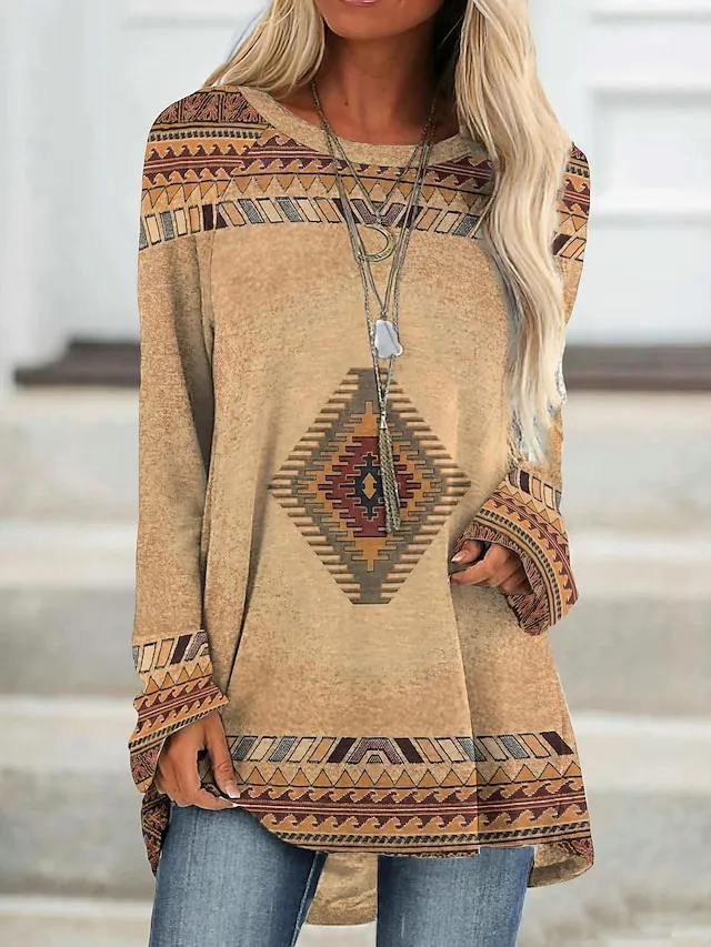 Women's Plus Size T shirt Tee Tunic Shirts Geometric Plaid Casual Print Light Green Long Sleeve Vintage Tunic Ethnic Round Neck Fall & Winter