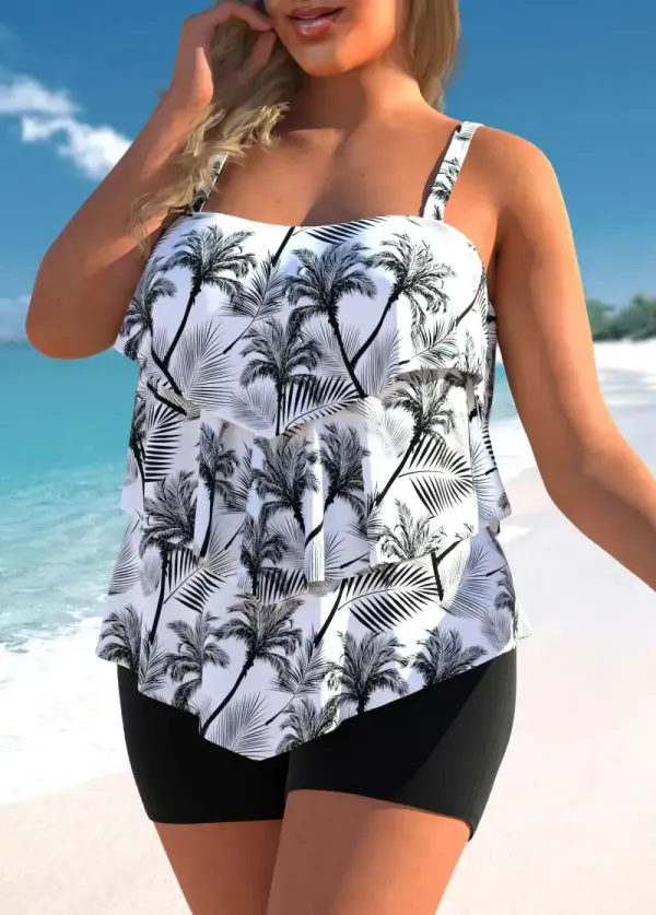 RUFFLE HEM COCONUT TREE PRINT PLUS SIZE TANKINI