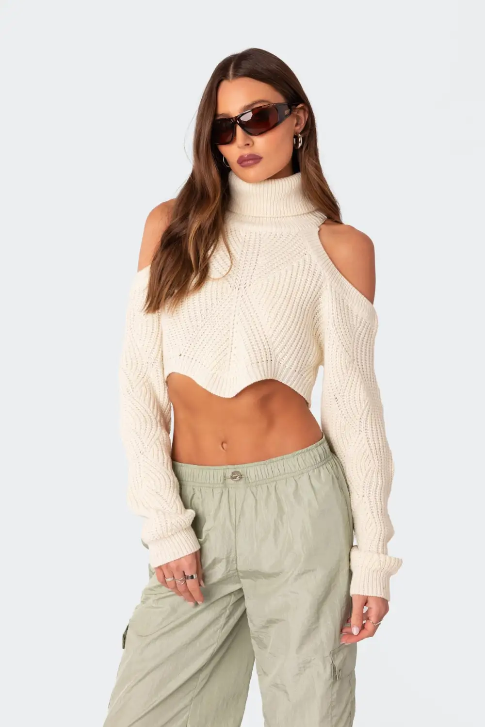 Asymmetric Cropped Open Shoulder Turtle Neck Sweater
