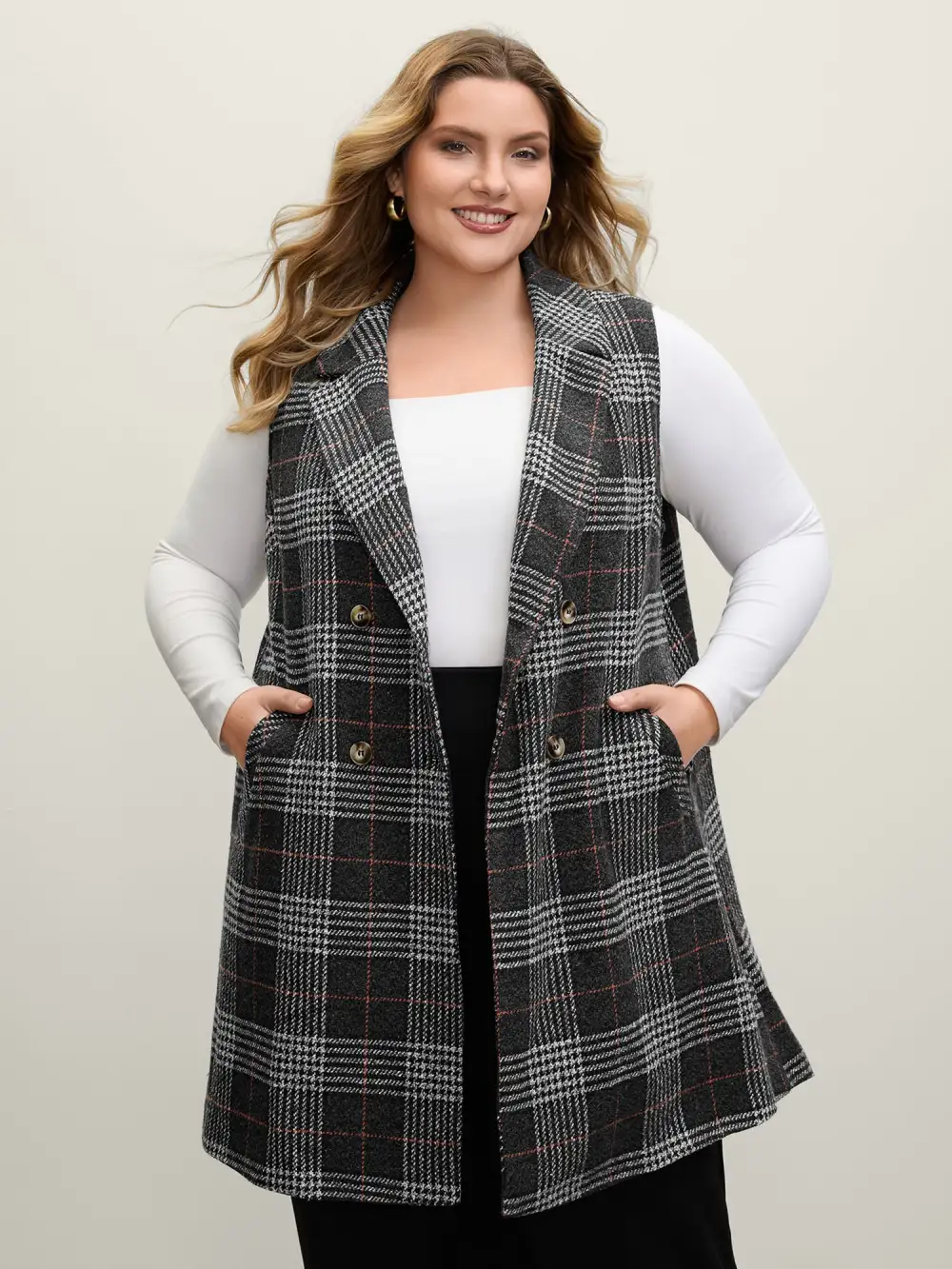 Textured Plaid Pattern Pockets Long Vest