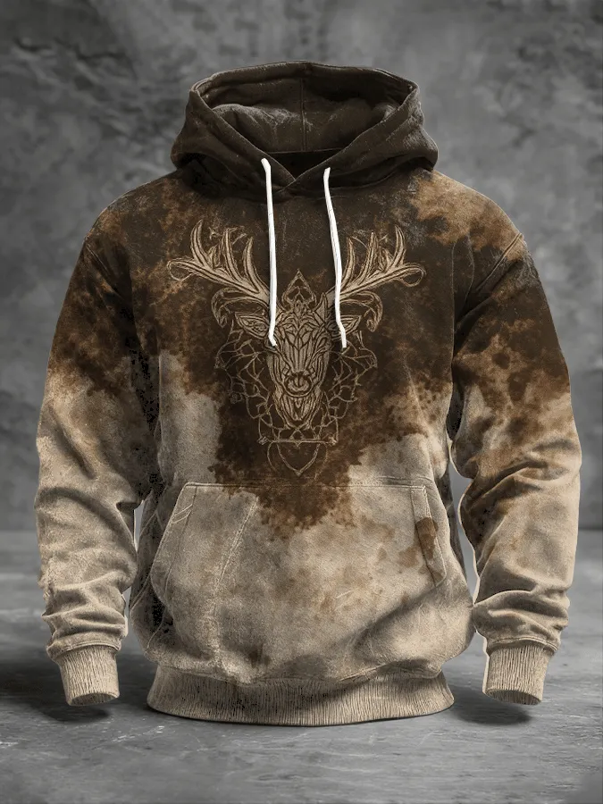 Men's Vintage Elk Print Long Sleeve Hoodie