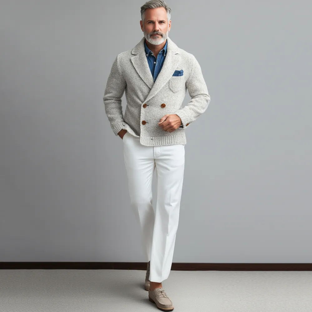 Men's Business Lapel Collar Double Breasted Chest Pocket Knit Jacket