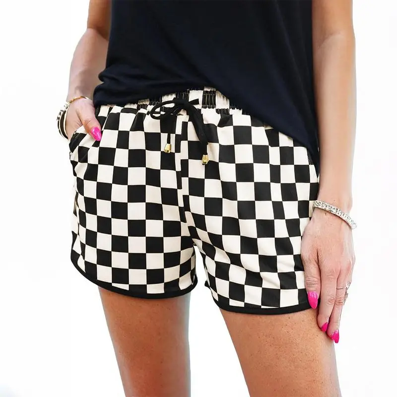 Women’s Checkered Drawstring Shorts – Elastic Waist, Casual Summer Style with Pockets