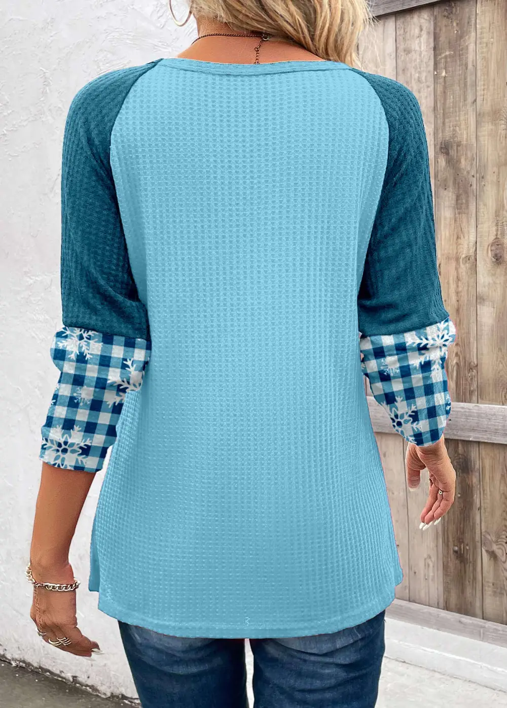 Sky Blue Patchwork Plaid Long Sleeve T Shirt