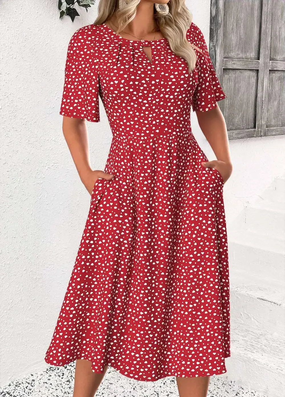 Red Polka Dot Short Sleeve Round Neck Dress