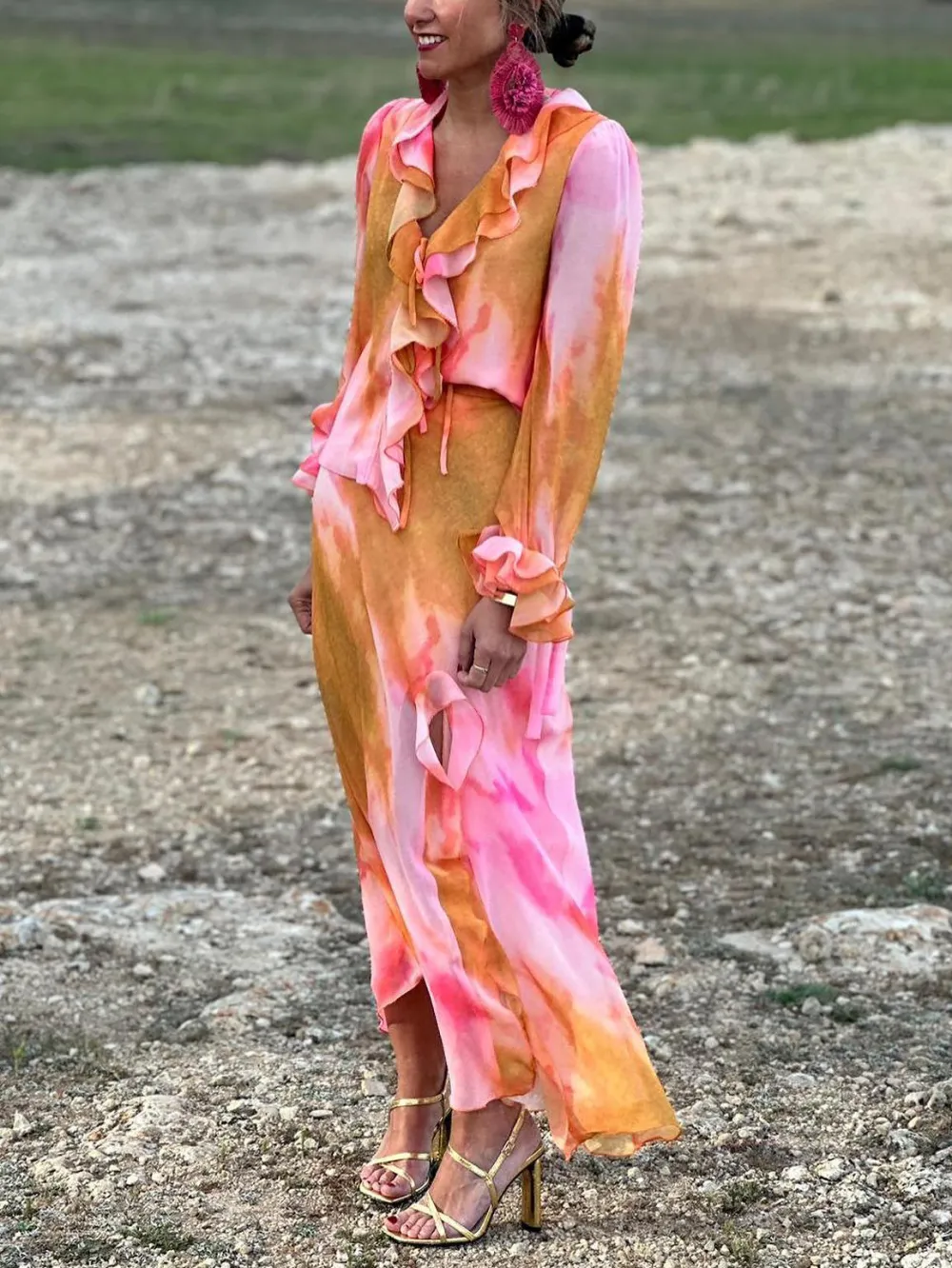 Elegant Print Ruffle Long Sleeve Dress