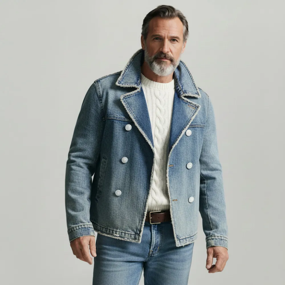 Men's Blue Lapel Collar Double Breasted Long Sleeve Pocket Frayed Trim Denim Jacket