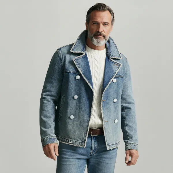 Men's Blue Lapel Collar Double Breasted Long Sleeve Pocket Frayed Trim Denim Jacket