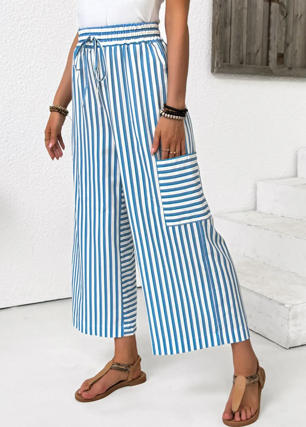 Light Blue Pocket Striped Wide Leg Elastic Waist Pants