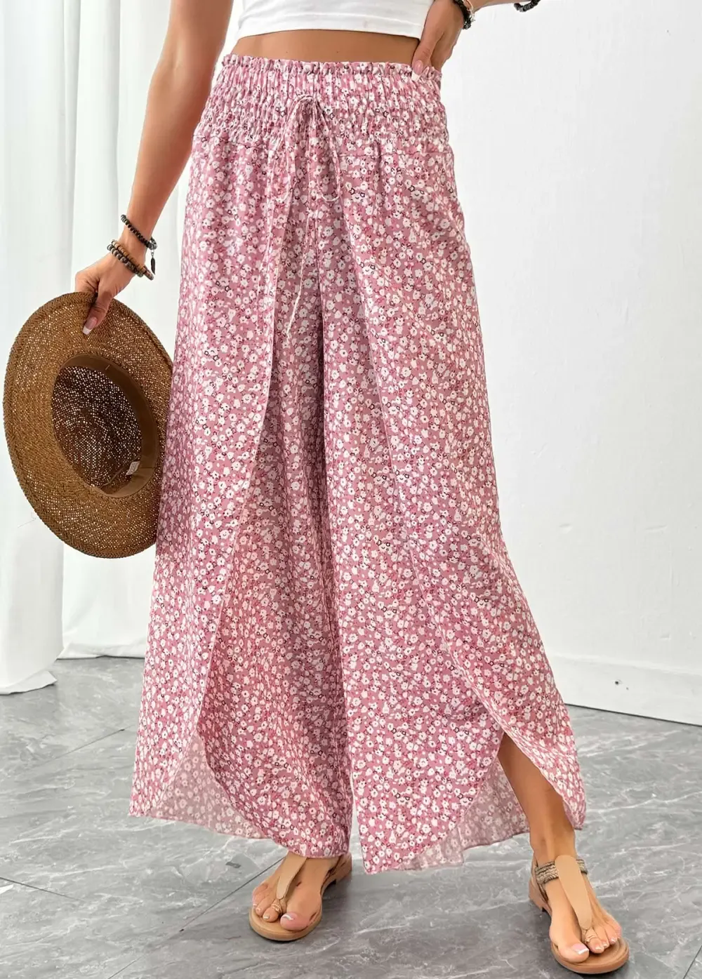 Pink Ditsy Floral Print Wide Leg Elastic Waist Pants