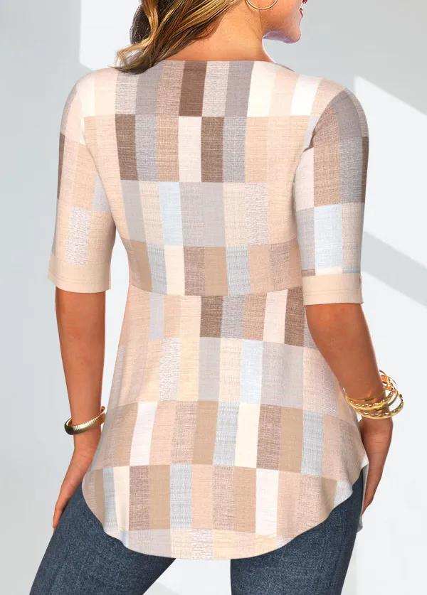 Beige Patchwork Geometric Print Half Sleeve Blouse