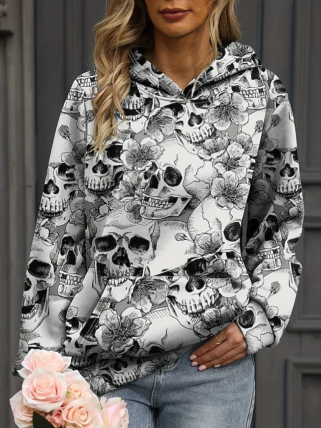 Women's Halloween Sweatshirt Pullover Active Sports Front Pocket Pink Blue Gray Floral Skull Halloween Casual Hoodie Long Sleeve Top Micro-elastic Fall & Winter