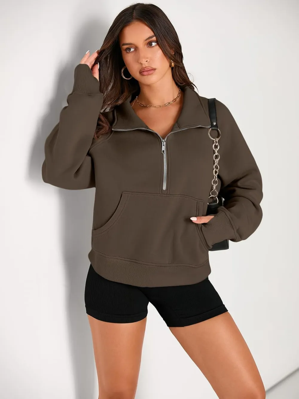 Womens Sweatshirts Half Zip Cropped Pullover Fleece Quarter Zipper Hoodies Fall outfits Clothes Thumb Hole