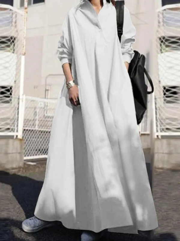 Urban Solid Color Loose Long Sleeve Shirt Dress