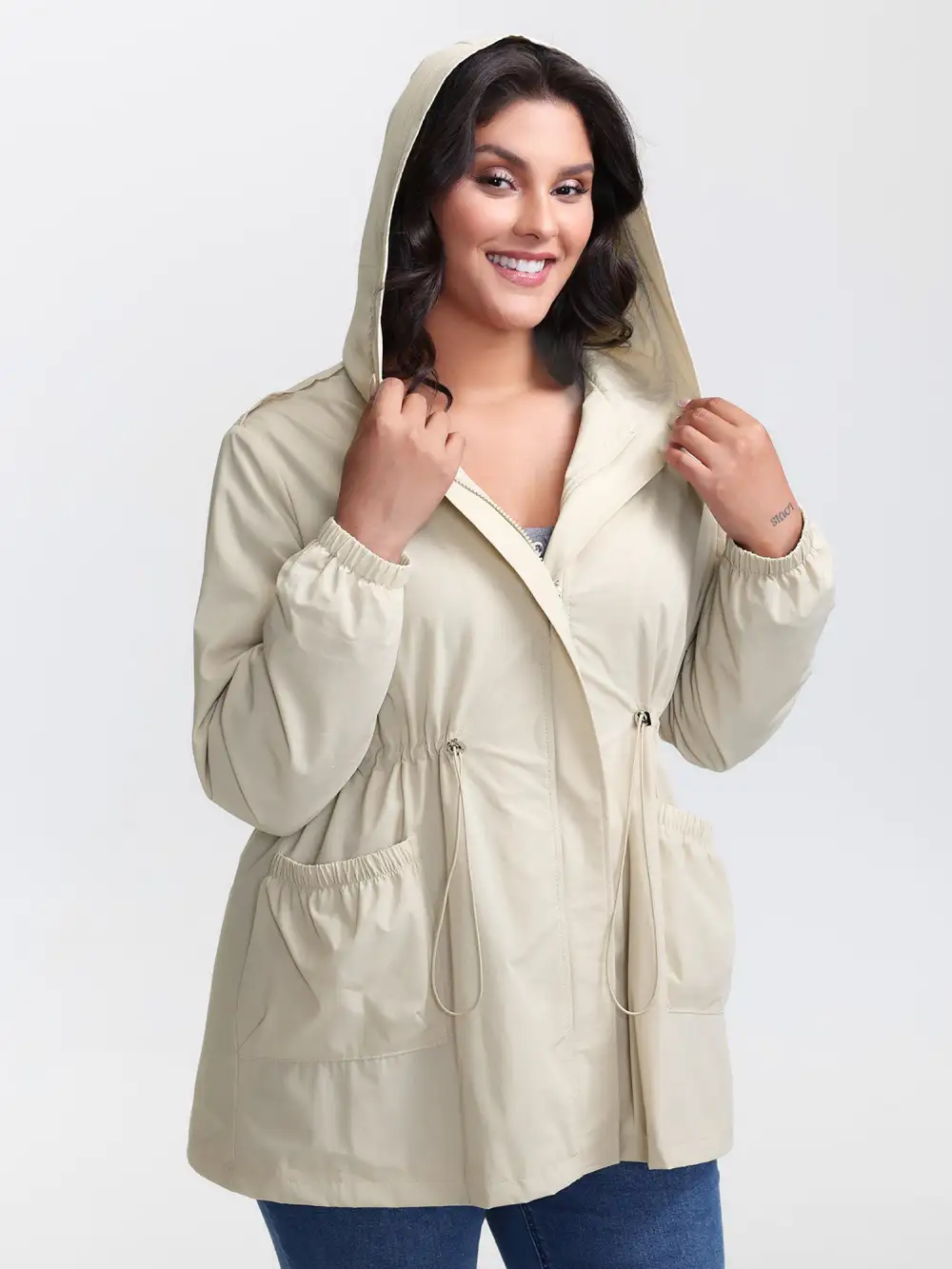 Drawstring Waist Pockets Hooded Coat