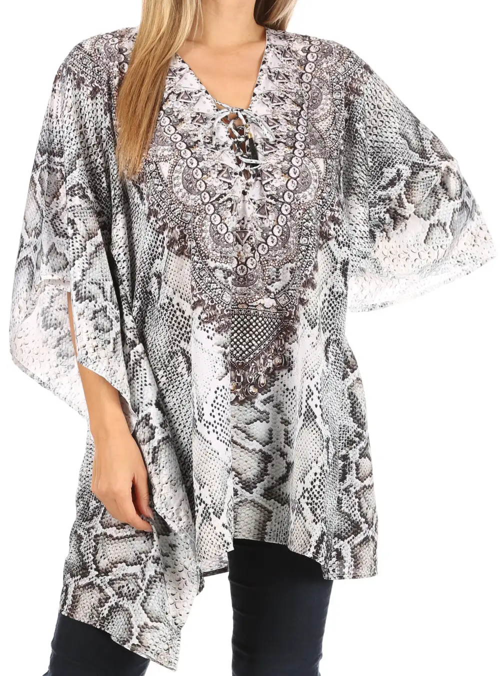 Women's Caftan Poncho Cover up V neck Top Lace up With Rhinestone