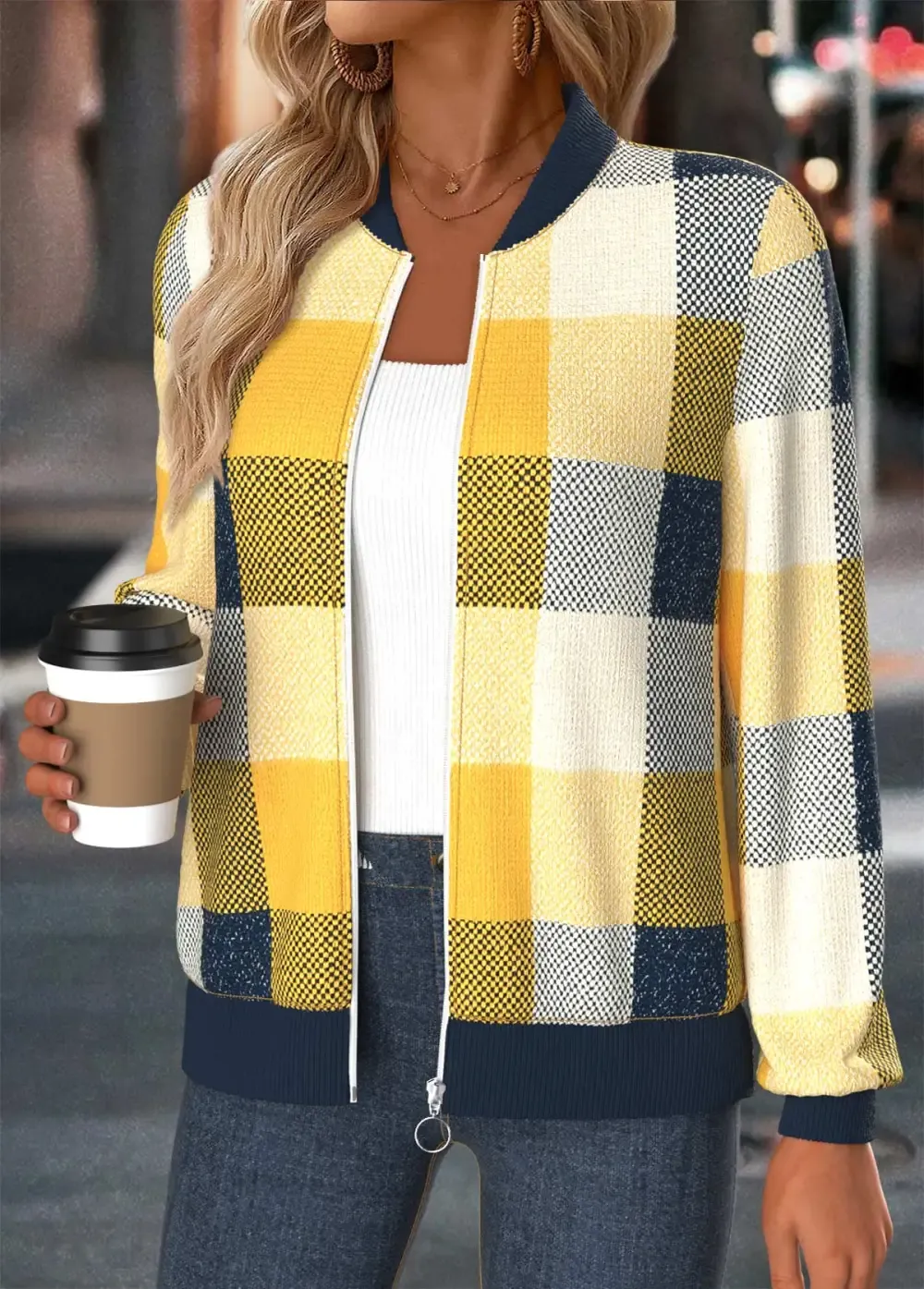 Multi Color Tummy Coverage Plaid Long Sleeve Jacket