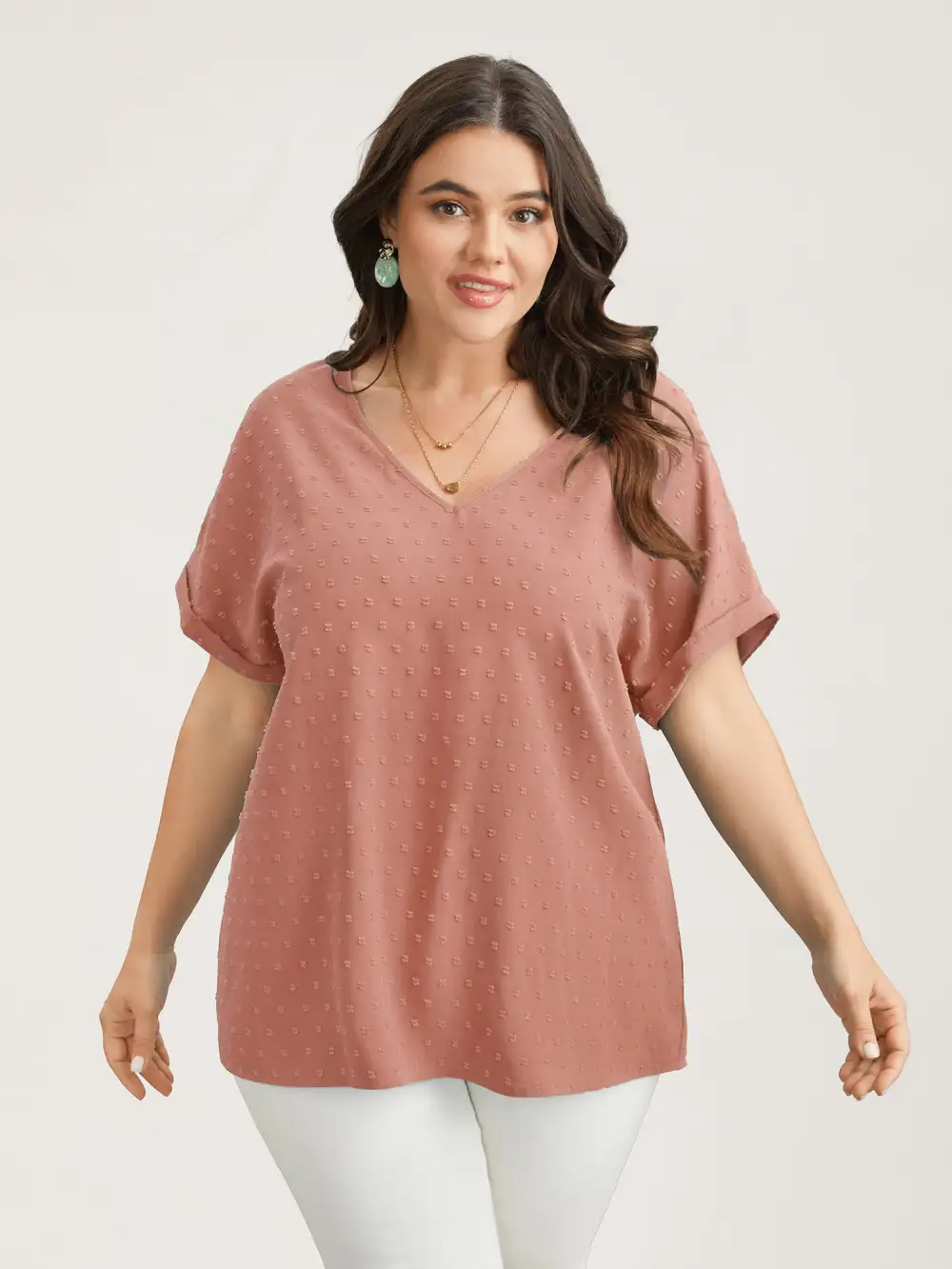 Back-Button Textured V-Neck Shirt