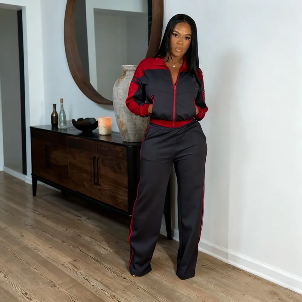 Retro Color Block Track Pants Set