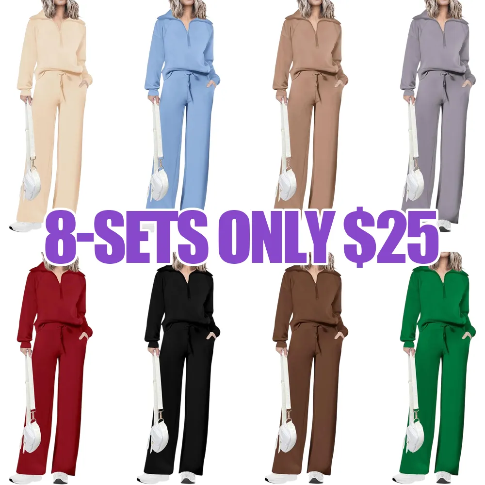 Women'swear Chic 2-Piece Set Outfits Half Zip Style Sweatshirts And Wide Leg Pants With Drawstring