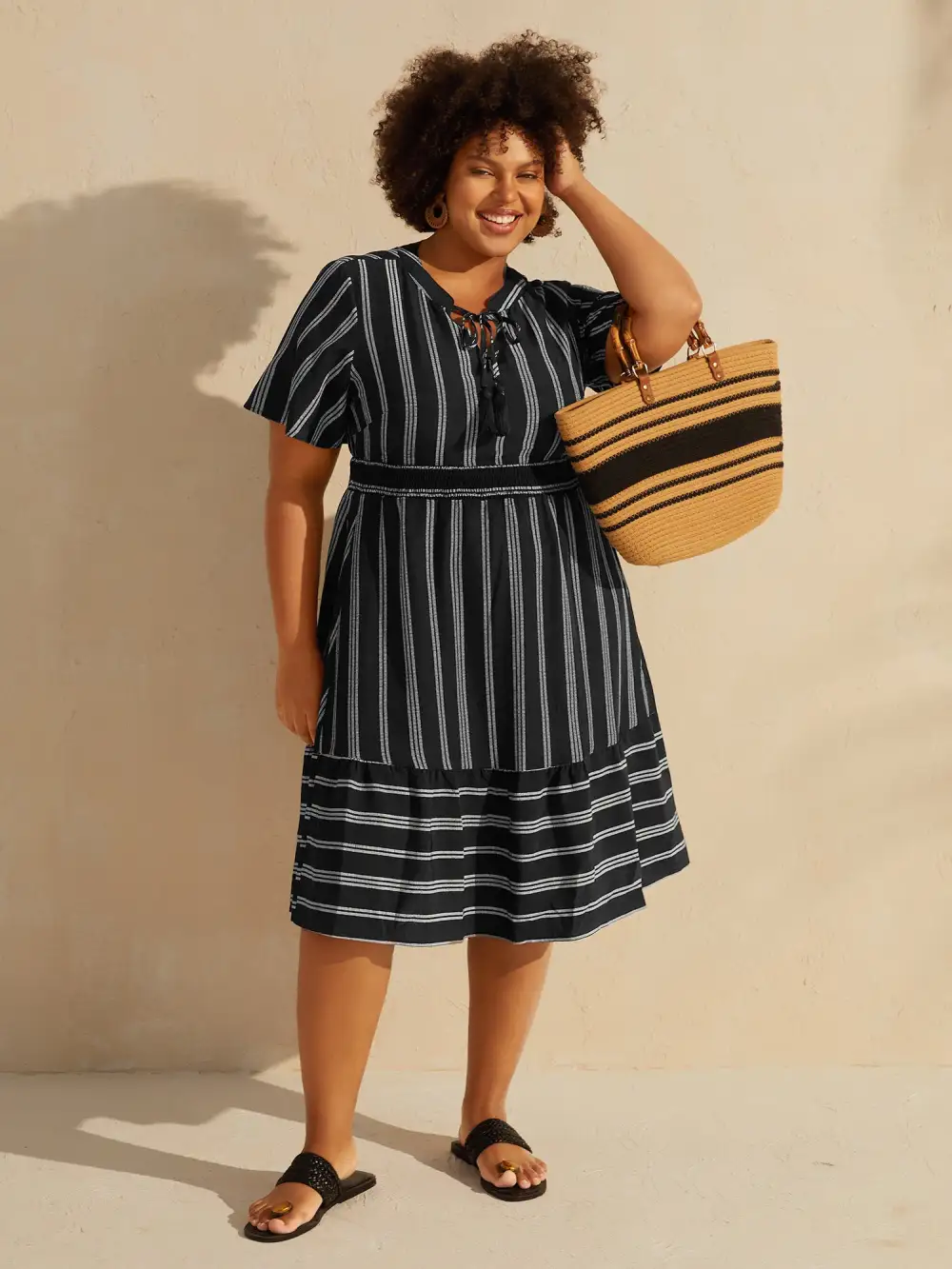 Striped Patchwork Tassels Ties Shirred Dress