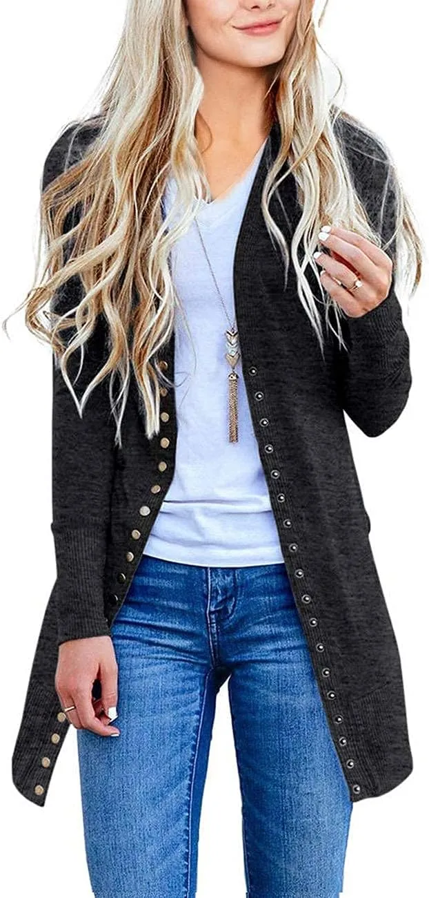 Women's 2024 Fall Long Sleeve Snap Button Down Solid Color Knit Ribbed Neckline Cardigans